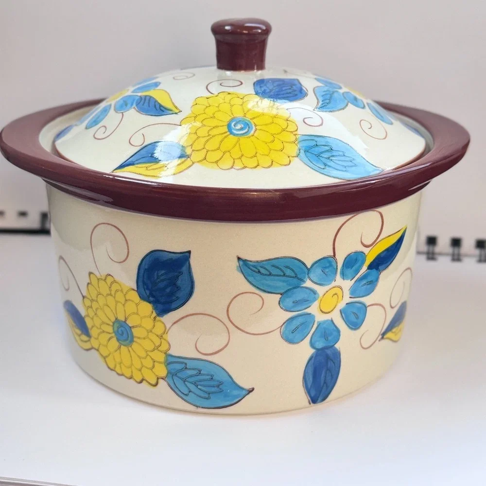 Temp-Tations Yellow &‎ Blue Floral 1 Qt Casserole Presentable Ovenware Crock